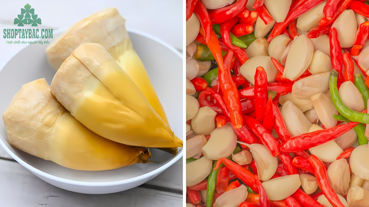 Chuẩn bị nguyên liệu gồm măng, tỏi ớt...
